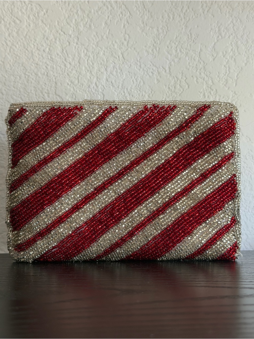 Neiman Marcus Hand Beaded Red and Silver Diagonal Stripe Zipper Pouch